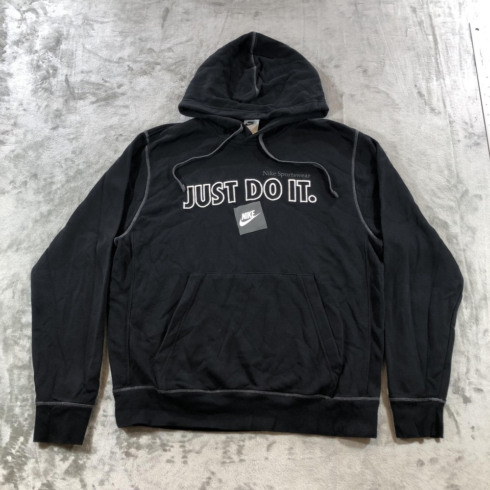 Nike Hoodie Mens Medium Black Just Do It Pullover Fleece Sweatshirt DD6223-010